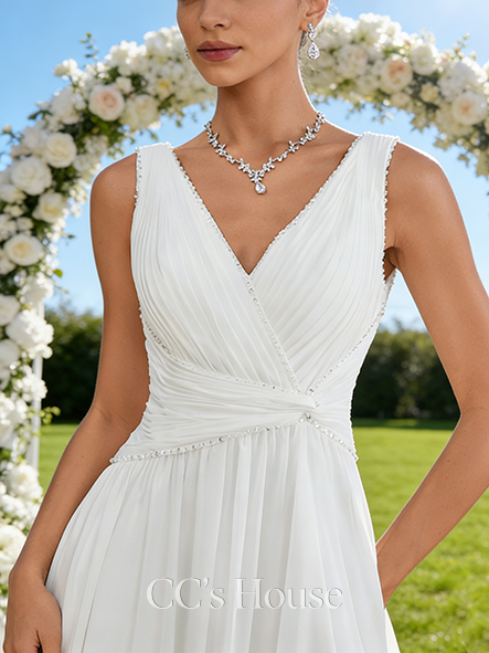 V-Neck A-Line Bridal Gown - Sweep Train Chiffon Wedding Dress with Pleated Details and Sparkling Sequins