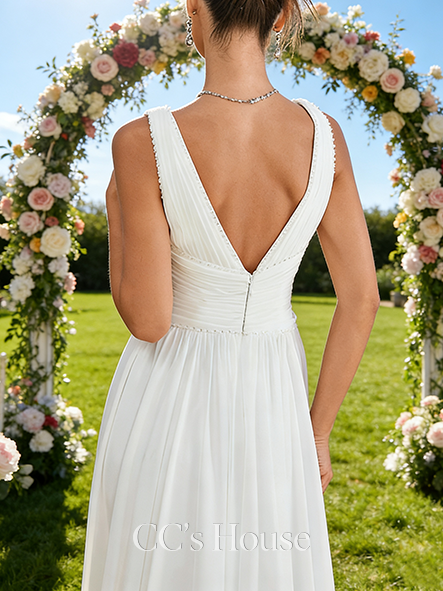 V-Neck A-Line Bridal Gown - Sweep Train Chiffon Wedding Dress with Pleated Details and Sparkling Sequins