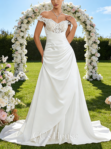 V-Neck A-Line Bridal Gown - Court Train Satin Lace Wedding Dress with Sparkling Sequins