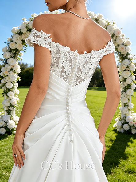 V-Neck A-Line Bridal Gown - Court Train Satin Lace Wedding Dress with Sparkling Sequins