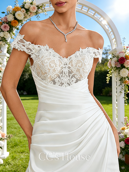 V-Neck A-Line Bridal Gown - Court Train Satin Lace Wedding Dress with Sparkling Sequins