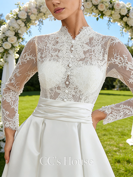 High Neck A-Line Bridal Gown - Sweep Train Satin Lace Wedding Dress Adorned with Sparkling Sequins