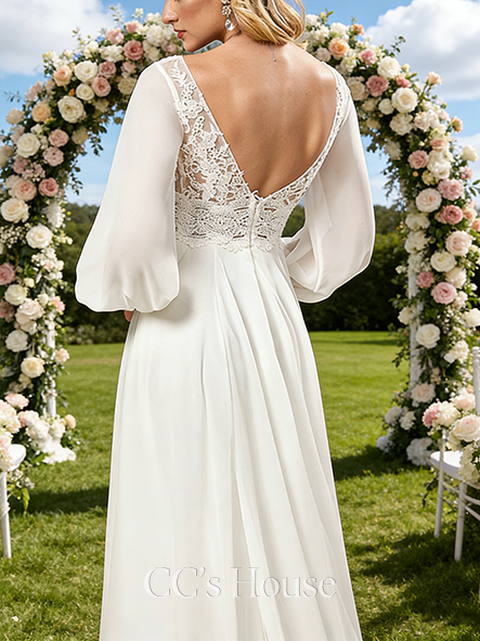 V-Neck A-Line Bridal Gown - Sweep Train Lace Chiffon Wedding Dress
