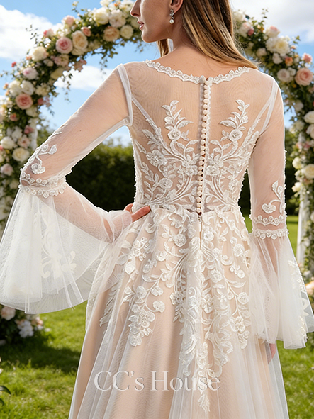 V-Neck A-Line Bridal Gown - Court Train Lace Tulle Wedding Dress with Sequins and Beading