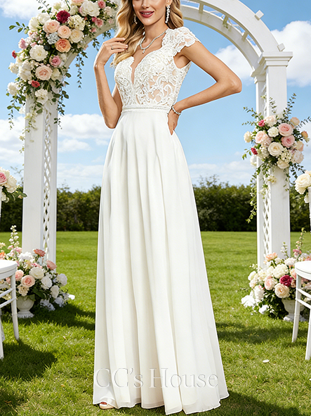 V-Neck A-Line Bridal Gown - Floor-Length Lace Chiffon Wedding Dress with Cape