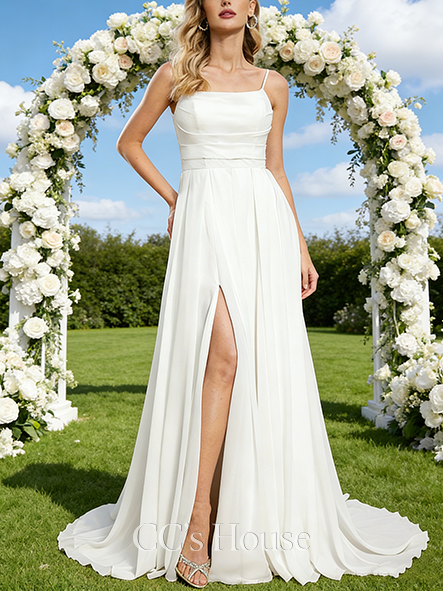 Cowl Neck A-Line Bridal Gown - Sweep Train Chiffon Wedding Dress with Ruffle Details