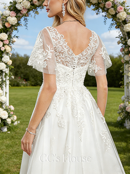 V-Neck A-Line Bridal Gown - Tea-Length Tulle Lace Wedding Dress with Sequins