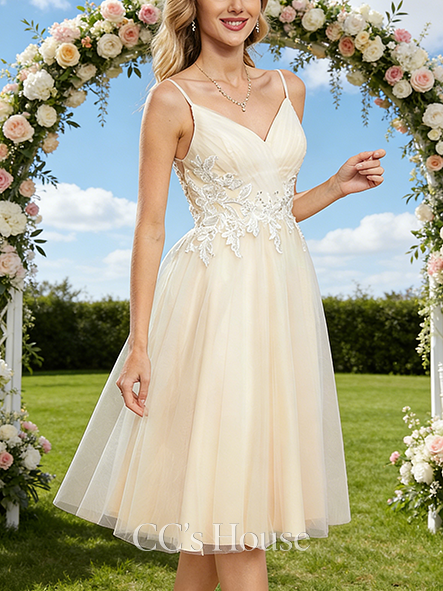 V-Neck A-Line Bridal Gown - Knee-Length Tulle Lace Wedding Dress with Sequins