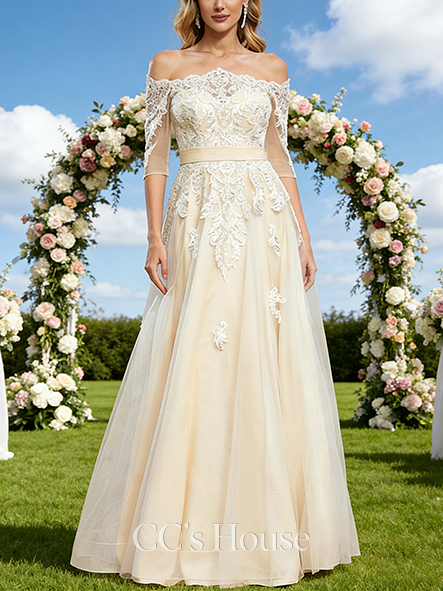 Off-the-Shoulder A-Line Bridal Gown - Floor-Length Tulle Lace Wedding Dress with Sequins