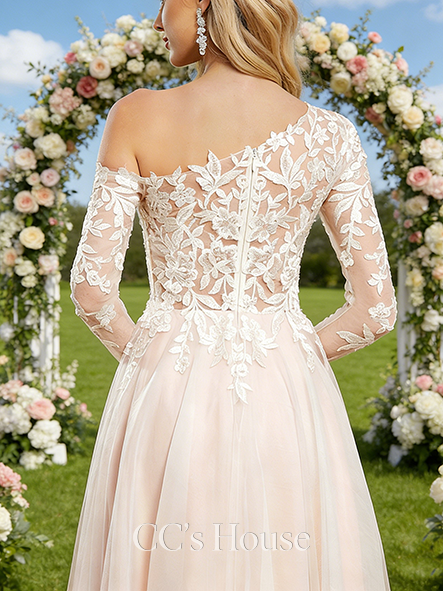 Asymmetrical Neckline A-Line Bridal Gown - Floor-Length Tulle Lace Wedding Dress