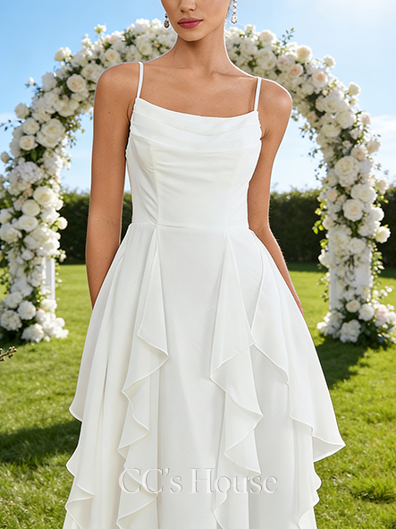 Cowl Neck A-Line Bridal Gown - Sweep Train Chiffon Wedding Dress with Ruffle Details