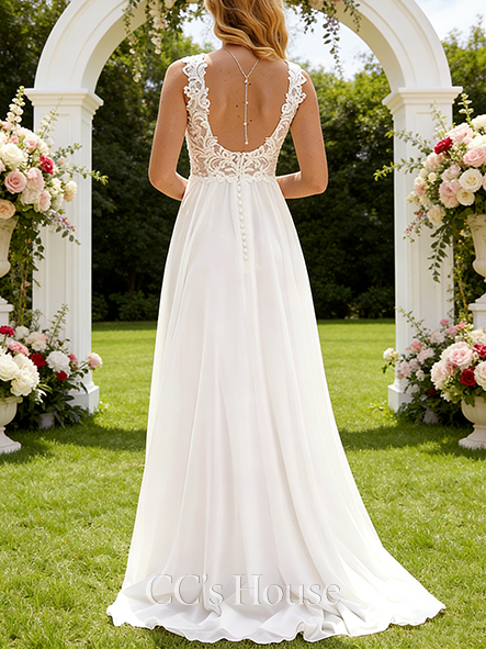 Elegant A-Line V-Neck Lace Chiffon Wedding Dress with Sweep Train