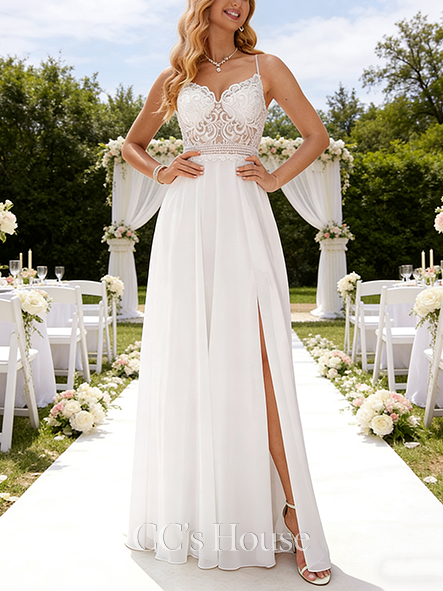 Elegant A-Line V-Neck Floor-Length Lace Chiffon Bridal Wedding Dress