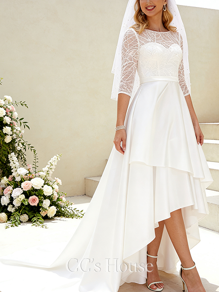 Glamorous A-Line Scoop Neck Asymmetrical Satin Lace Wedding Dress With Sequins