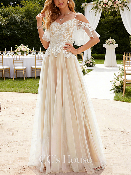 Romantic A-Line Cold Shoulder Floor-Length Tulle Lace Wedding Dress