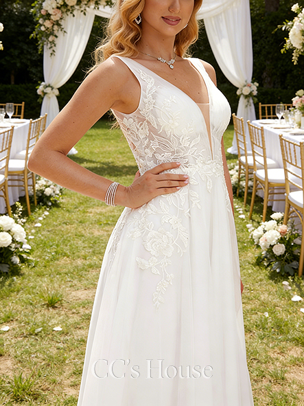 Ethereal A-Line V-Neck Floor-Length Tulle Lace Wedding Dress