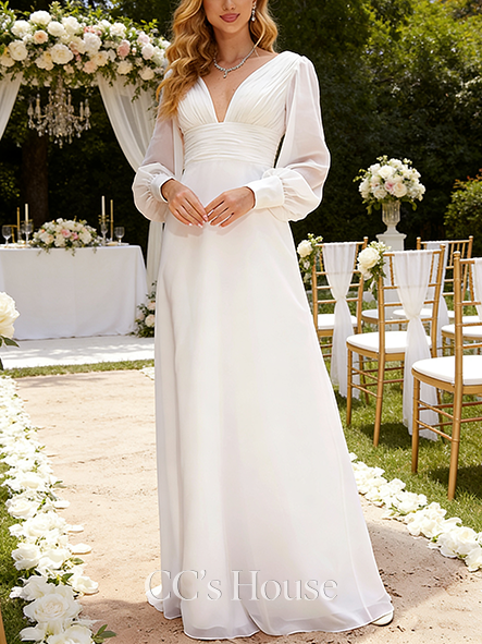 Timeless A-Line V-Neck Floor-Length Chiffon Wedding Dress