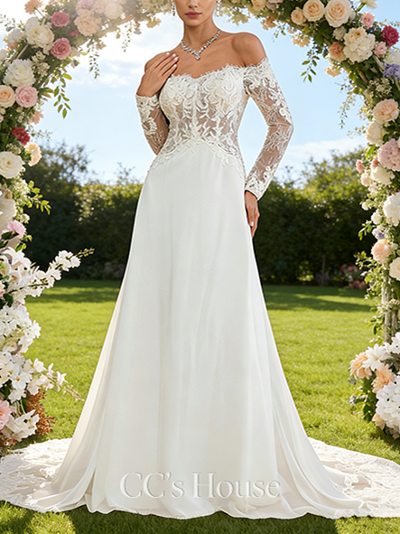 Off-the-Shoulder A-Line Bridal Gown - Court Train Lace Chiffon Wedding Dress with Sparkling Sequins