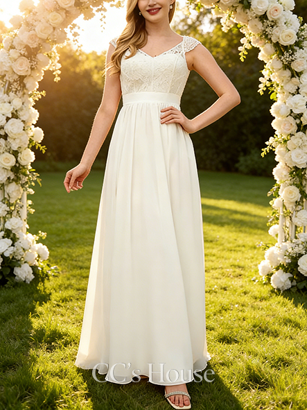 Elegant A-Line V-Neck Wedding Dress - Floor-Length Lace Chiffon Bridal Gown