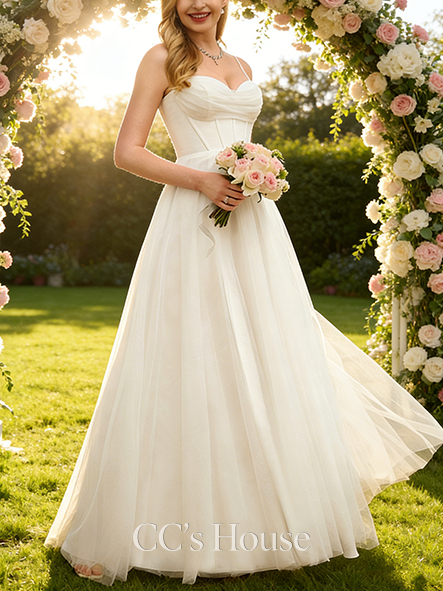 Elegant A-Line Cowl Neck Wedding Dress - Floor-Length Tulle with Ruffle Detailing