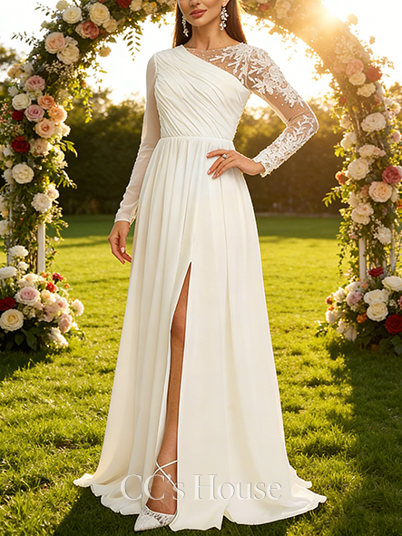 Elegant A-Line Scoop Neck Wedding Dress - Floor-Length Lace Chiffon with Sequin Accents