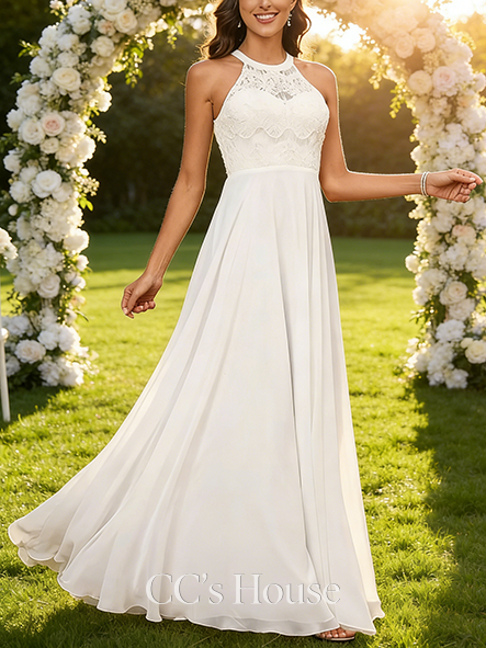 Elegant A-Line Scoop Neck Wedding Dress - Floor-Length Lace Chiffon Bridal Gown