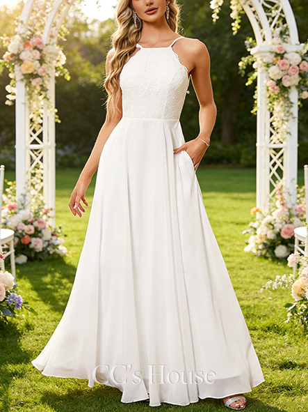 Elegant A-Line Scoop Neck Wedding Dress - Floor-Length Lace Chiffon with Delicate Ruffle Accents