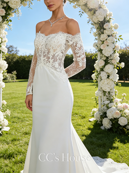 Off-the-Shoulder A-Line Bridal Gown - Court Train Lace Chiffon Wedding Dress with Sparkling Sequins