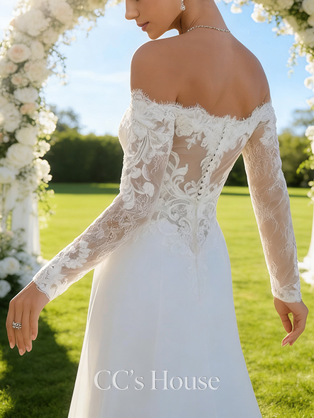 Off-the-Shoulder A-Line Bridal Gown - Court Train Lace Chiffon Wedding Dress with Sparkling Sequins