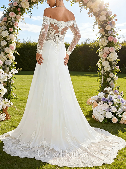 Off-the-Shoulder A-Line Bridal Gown - Court Train Lace Chiffon Wedding Dress with Sparkling Sequins
