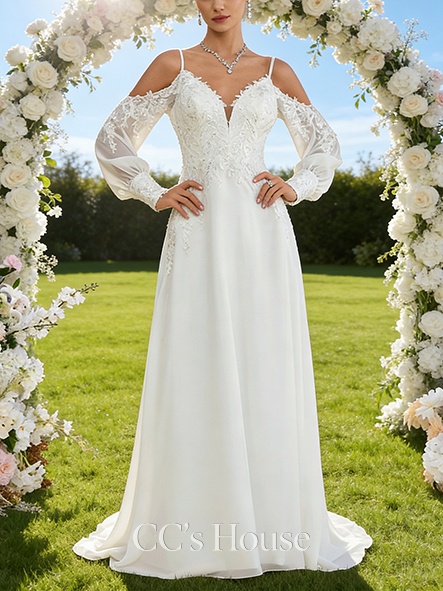 Cold Shoulder A-Line Bridal Gown - Sweep Train Lace Chiffon Wedding Dress with Sparkling Sequins