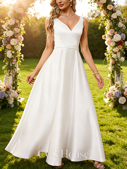 Elegant A-Line V-Neck Wedding Dress - Floor-Length Satin Bridal Gown