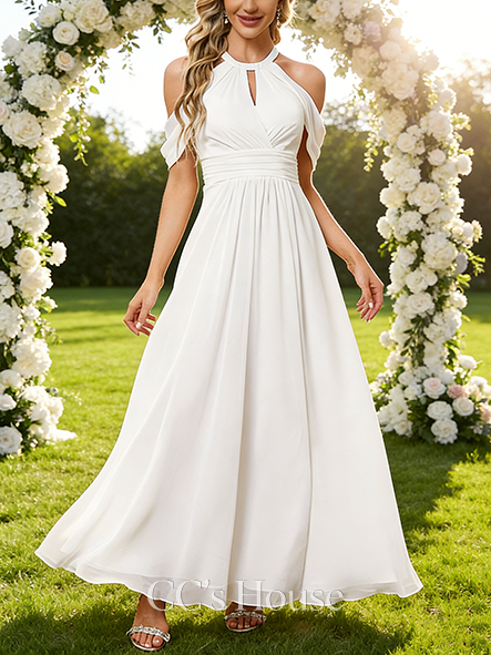 Elegant A-Line Halter Neck Wedding Dress - Floor-Length Chiffon Bridal Gown