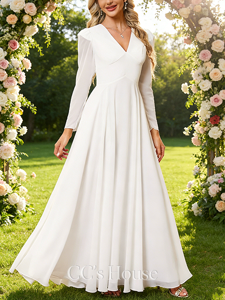 Elegant A-Line V-Neck Wedding Dress - Floor-Length Chiffon Bridal Gown