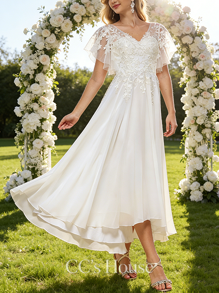 Elegant A-Line V-Neck Wedding Dress - Floor-Length Asymmetrical Lace Chiffon with Ruffle Detailing