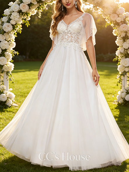 Elegant A-Line V-Neck Wedding Dress - Floor-Length Tulle Lace with Ruffle & Sequin Detailing