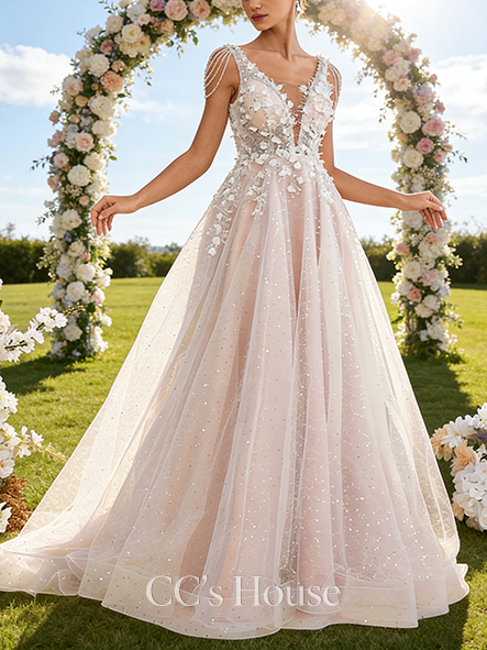 Scoop Neck A-Line Bridal Gown - Court Train Lace Tulle Wedding Dress with Beading and Sparkling Sequins