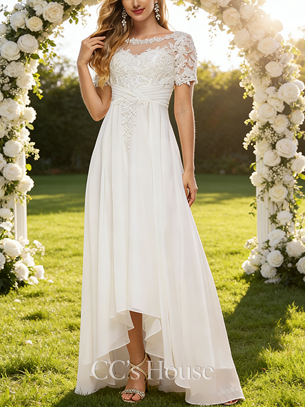Elegant A-Line Boat Neck Wedding Dress - Floor-Length Asymmetrical Lace Chiffon Bridal Gown