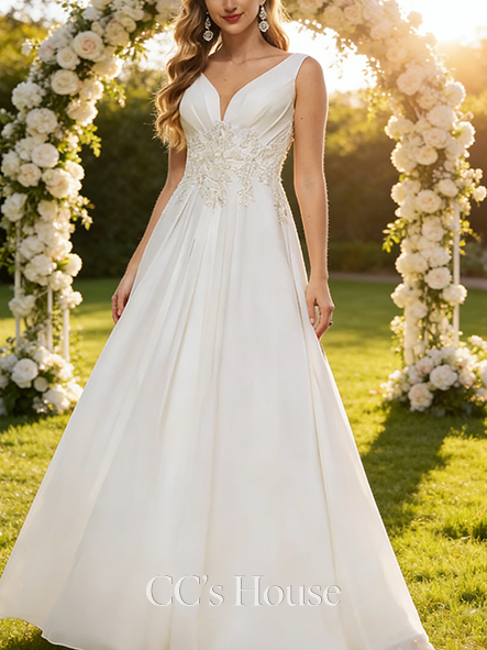 Elegant A-Line V-Neck Wedding Dress - Floor-Length Lace Chiffon with Sequin Detailing