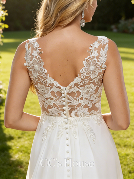 Elegant A-Line V-Neck Wedding Dress - Floor-Length Lace Chiffon with Sequin Detailing