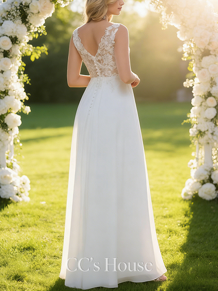 Elegant A-Line V-Neck Wedding Dress - Floor-Length Lace Chiffon with Sequin Detailing