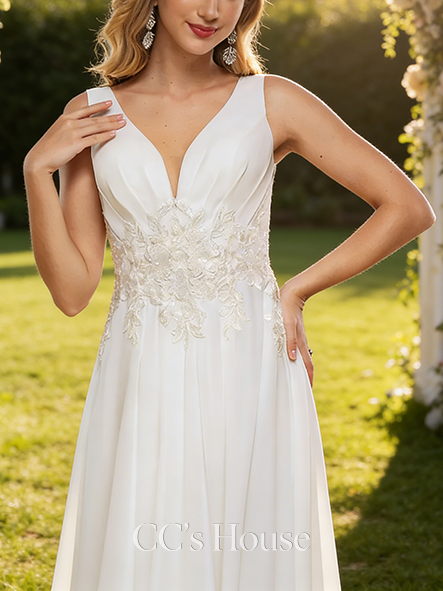 Elegant A-Line V-Neck Wedding Dress - Floor-Length Lace Chiffon with Sequin Detailing