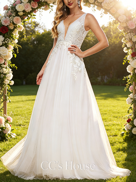 Elegant A-Line V-Neck Wedding Dress - Sweep Train Tulle Lace with Sequin Detailing