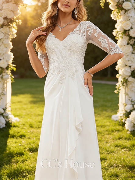 Elegant A-Line V-Neck Wedding Dress - Asymmetrical Lace Chiffon with Ruffle Detailing