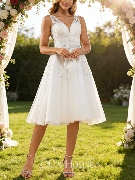 Elegant A-Line V-Neck Wedding Dress - Knee-Length Tulle Lace Bridal Gown