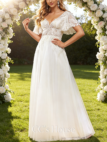 Elegant A-Line V-Neck Wedding Dress - Floor-Length Lace Tulle with Sequin & Beading Detailing