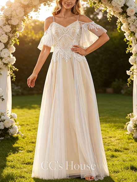 Elegant A-Line V-Neck Wedding Dress - Floor-Length Lace Tulle with Sequin, Beading & Ruffle Detailing