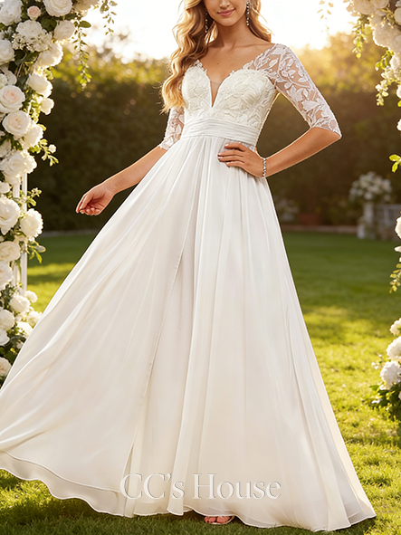 Elegant A-Line V-Neck Wedding Dress - Floor-Length Lace Chiffon with Sequin & Ruffle Detailing
