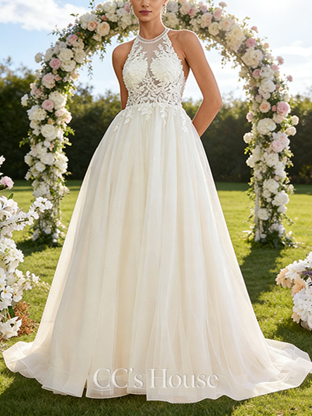 Halter Neck A-Line Bridal Gown - Court Train Lace Tulle Wedding Dress with Beading and Sparkling Sequins