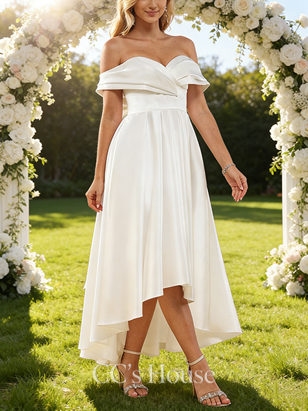 Elegant A-Line Off-the-Shoulder Wedding Dress - Floor-Length Asymmetrical Satin Bridal Gown